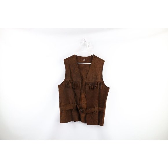 Vintage 60s Streetwear OSFA Distressed Fringed Suede Leather Belted Vest USA